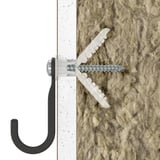 Black hook attached to wall with white screws and insulation.