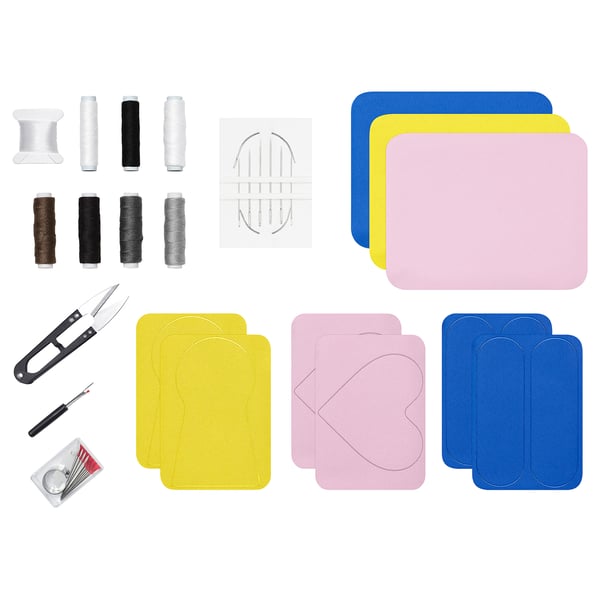 TRIXIG mending kit: 9 colorful patches, scissors, pins, thread, and patterns. Repairs textiles and furniture. Eco-friendly polypropylene box.