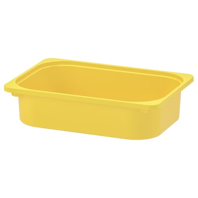 Bright yellow plastic storage container, rectangular shape with two handles, suitable for kids toys or crafts.
