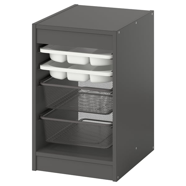 Gray TROFAST unit: 3 mesh drawers, 3 white trays, square, modern design.
