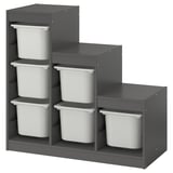 Ikea TROFAST: gray modular storage with six white plastic bins, arranged in two stacked units for organizing kids items.
