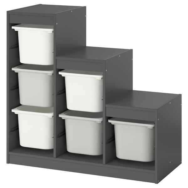 Ikea TROFAST grey children’s storage with 6 white bins.