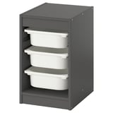 A gray TROFAST storage unit with three white plastic drawers.