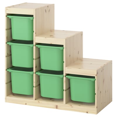Wooden TROFAST set with green bins, stacked in three tiers.
