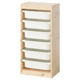 TROFAST storage unit, light wood with six clear plastic bins; simple and practical for kids.