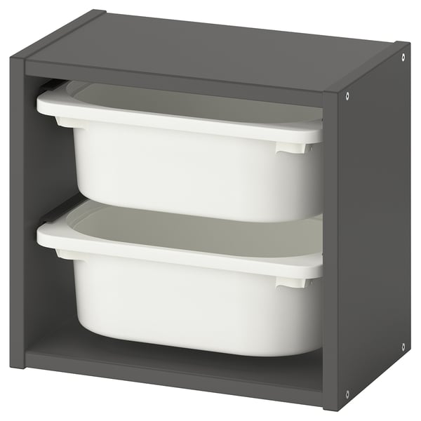 A gray TROFAST storage unit with white plastic bins, designed for organizing childrens toys.