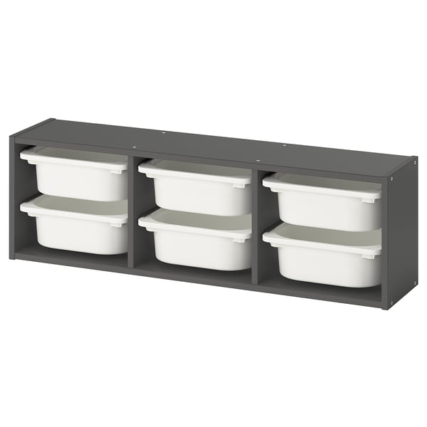 Ikea TROFAST grey kids wall storage unit, white bins.