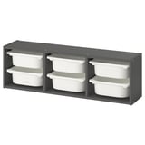 Ikea TROFAST grey kids wall storage unit, white bins.