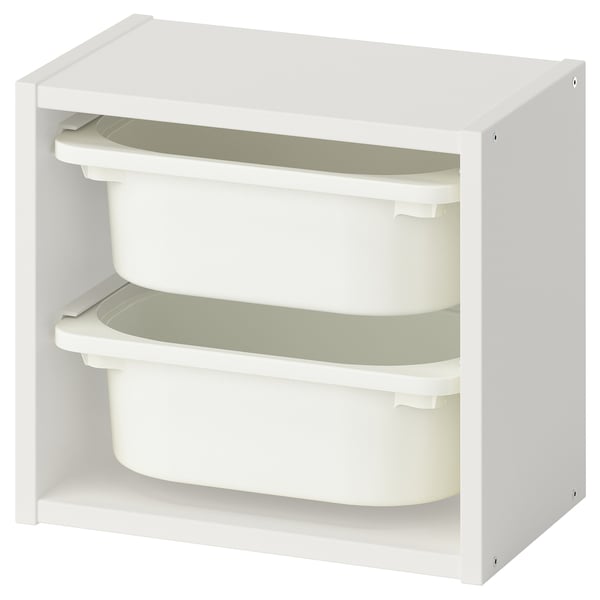 White TROFAST storage unit with two clear bins.