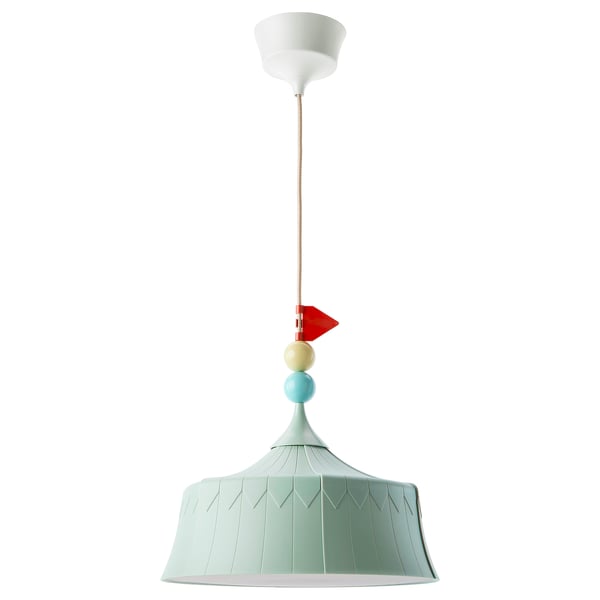 Circus tent-shaped TROLLBO lamp in light blue recycled plastic with colorful sphere ornaments.
