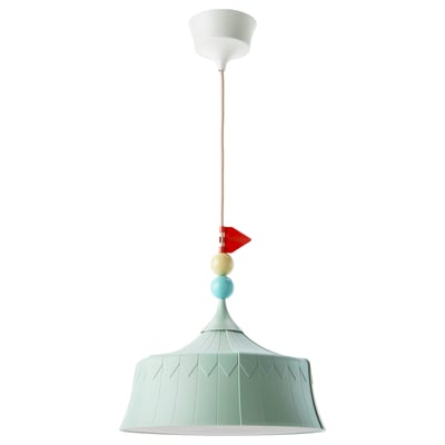 Circus tent-shaped TROLLBO lamp in light blue recycled plastic with colorful sphere ornaments.