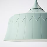 Light blue pendant lamp with textured, tent-like shade. Soft diffused light, stylish design.