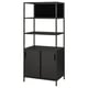 Option: Black metal TROTTEN shelf unit with enclosed cabinet at base, three open shelves above. Modern, minimalist design.