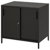 Black TROTTEN double-sided cabinet with sliding doors, metal legs, adjustable feet, room divider.
