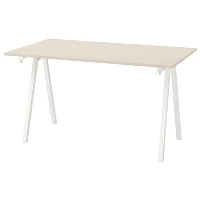 TROTTEN beige desk with white a-leg design, durable particle board top, perfect for small spaces.