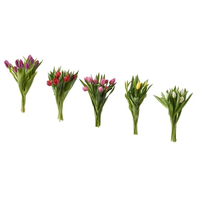 TULIPA bouquet: purple, pink, red, yellow, white flowers; green stems; fresh cut blooms.