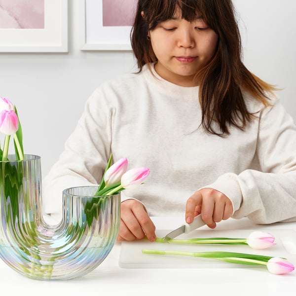 Young woman arranging pink tulips in a glass u-shaped vase, cutting the stems with scissors.