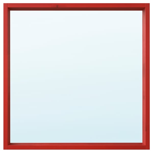 Square red-framed mirror with visible grain, solid pine, safety film.