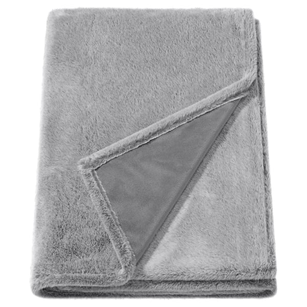 A grey ultra-soft recycled polyester throw-blanket with fluffy texture.