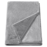 A grey ultra-soft recycled polyester throw-blanket with fluffy texture.