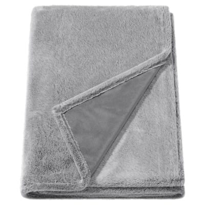 A grey ultra-soft recycled polyester throw-blanket with fluffy texture.