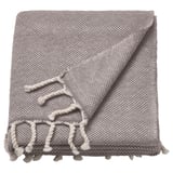 A grey wool throw blanket with fringe edges, soft and warm.