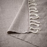 Soft, textured grey wool blanket with fringe detail, folded neatly.