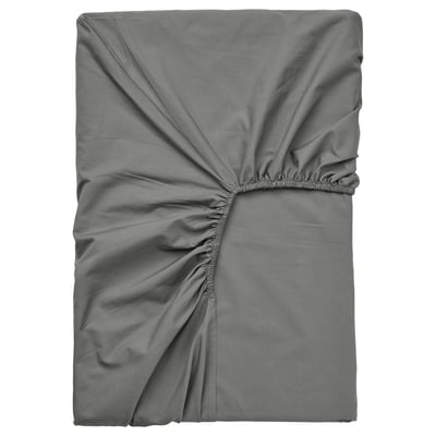 Gray ULLVIDE fitted sheet, rectangular, elastic edges, textured cotton-lyocell, neatly displayed.