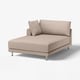 Modern beige stripped l-shaped sofa with chrome legs.