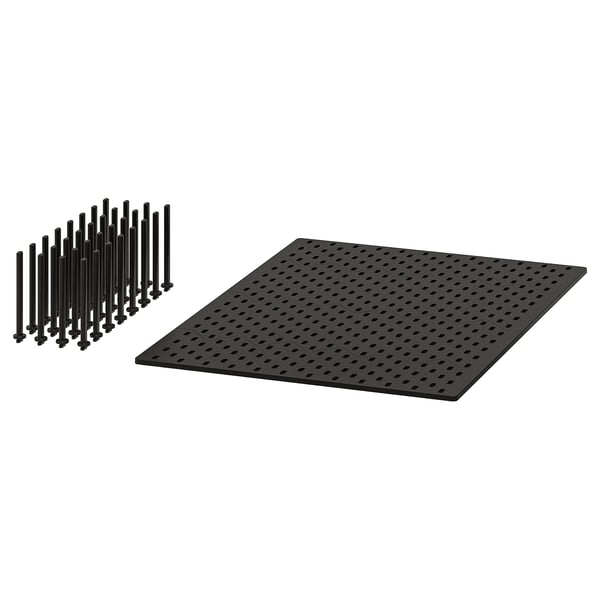 Black pegboard and pegs set for drawer organization. Rectangular pegboard with numerous holes, 32 black plastic pegs.