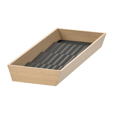 Light brown wooden tray with black striped insert.