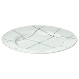 UPPLAGA white porcelain plate, round with ruffled edge, black dashed lines design.