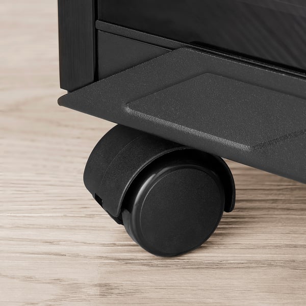 Black metal cpu stand with wheels, designed for easy mobility and stability.
