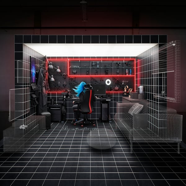 Modern tech room with digital grid, blue-haired avatar seated at desk with multiple screens, black and red lighting, and shelves filled with gadgets.