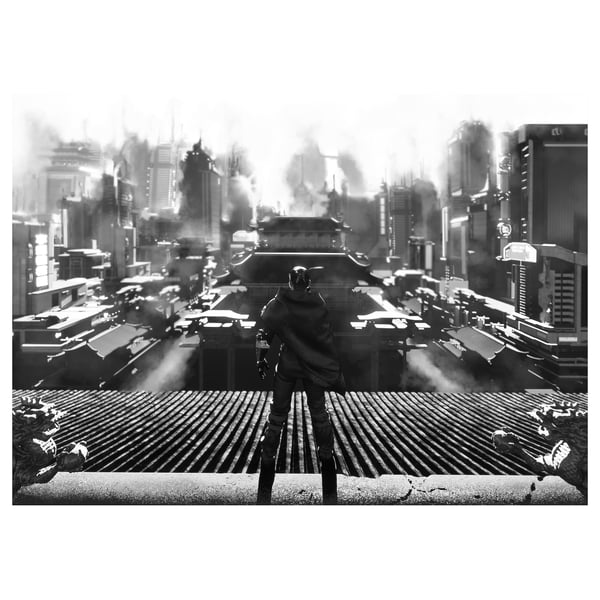 Black-and-white poster showing a silhouette of a figure standing on a grid bridge in a futuristic cityscape.