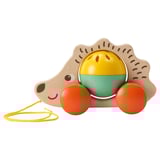 Wooden toy hedgehog with yellow, green, and red colors. It has a pull string and two large wheels. Perfect for childrens play and development.