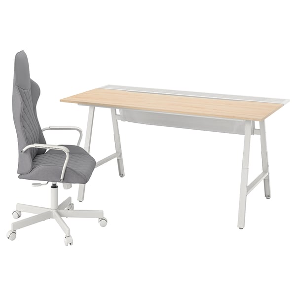 UTESPELARE gaming setup: grey chair, wooden desk, adjustable height.