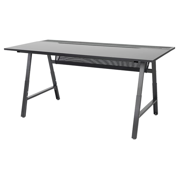 Black utesepare gaming desk, angled a-frame legs, wire mesh back, adjustable height.