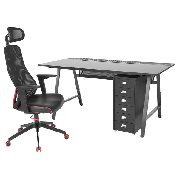 UTESPELARE desk and chair set. Black desk with mesh, metal legs, adjustable height. Black office chair with mesh back, armrests, and red accents.