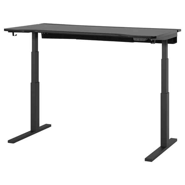 Utmanning black adjustable gaming desk with electric sit-stand base, deep tabletop for screens, memory settings, and cable management tray.