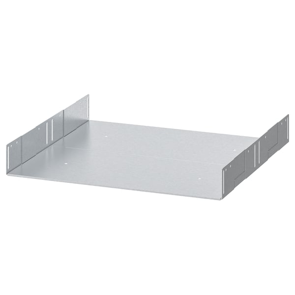 A UTRUSTA metal shelf in silver, made of galvanized steel, rectangular with slightly slanted edges.