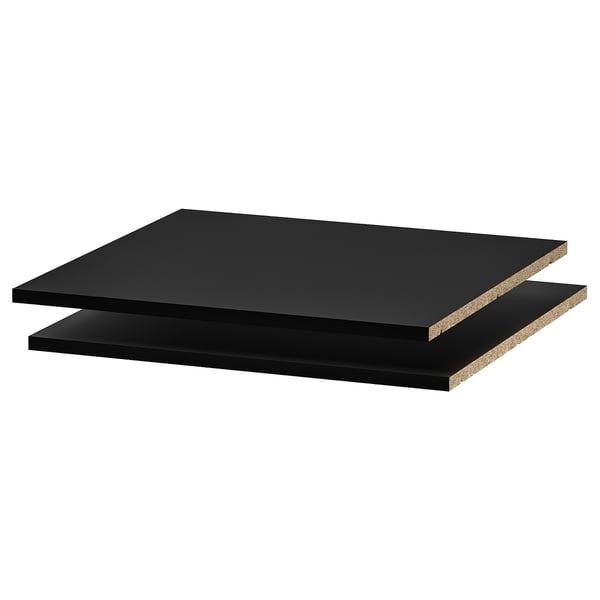 Two black rectangular UTRUSTA shelves stacked, smooth and sleek design, durable melamine surface.