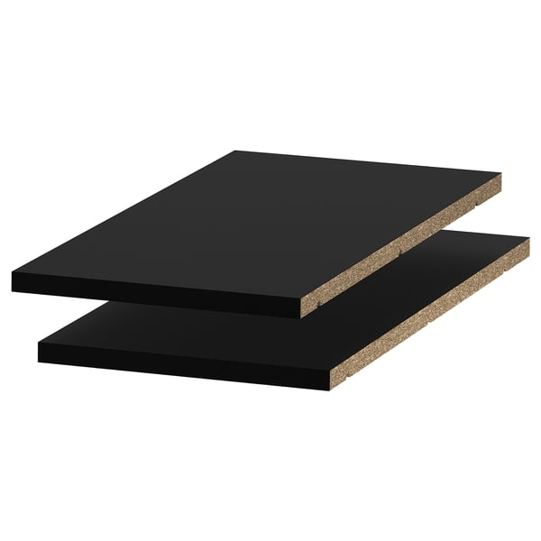 Two black rectangular melamine shelves.