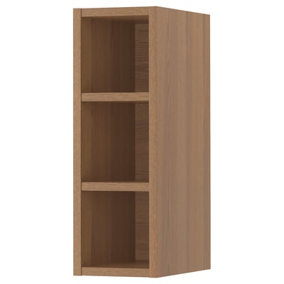An empty VADHOLMA wooden storage cabinet. Its rectangular, brown, and has three open shelves.