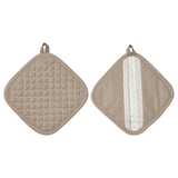 VÄLVÅRDAD potholders, beige, diamond shape, quilted, cotton-linen blend, loop for hanging.