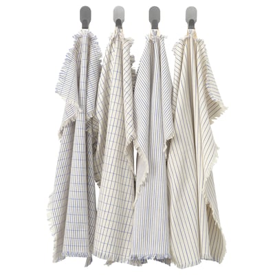 Four striped towels hang neatly, white with blue lines, each with frayed edges.