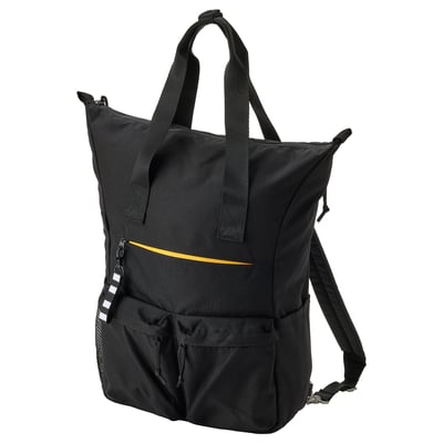 Black backpack with laptop sleeve, side pockets, and removable inner bag made from recycled polyester.