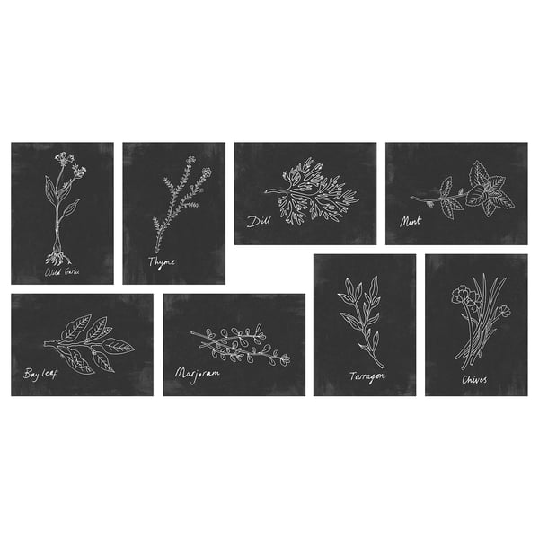 Black and white VÄXBO herb illustrations on cards, perfect for diy mini-gallery.