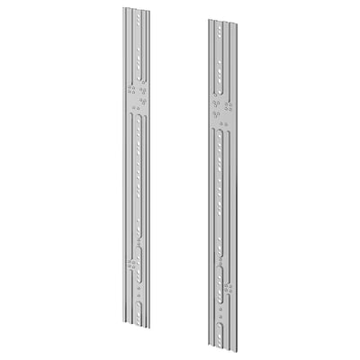 Two silver metal VÅGLIG connection rails for kitchen cabinet installation, shown in a vertical orientation, with pre-drilled holes for easy alignment.