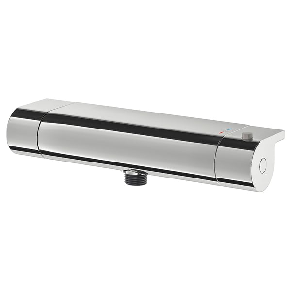 A chrome VALLAMOSSE shower mixer, sleek and cylindrical, with safety for temperature control.